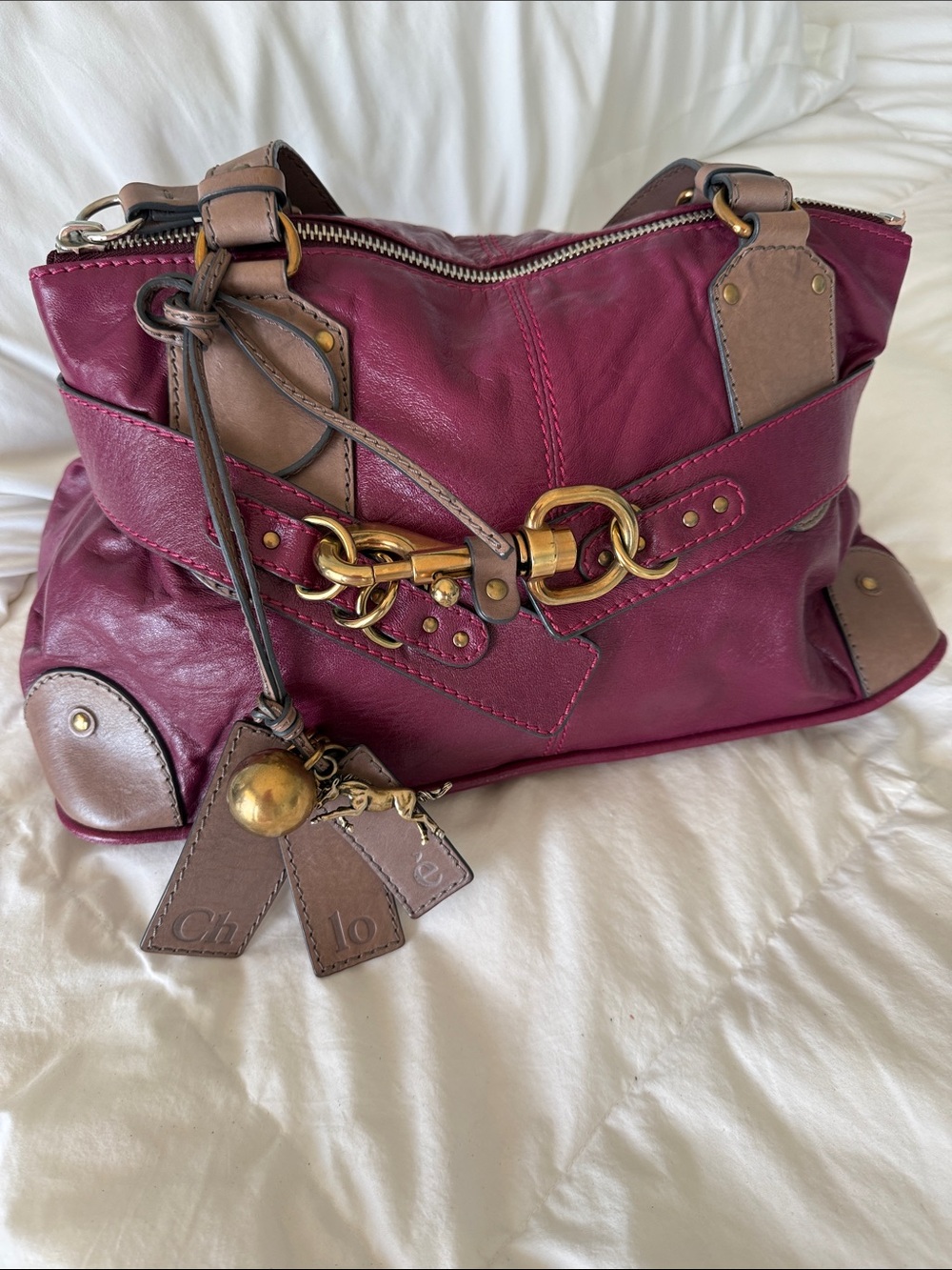 Chloe’ Plum Butter calfskin Leather Shoulder Bag with Taupe Accents